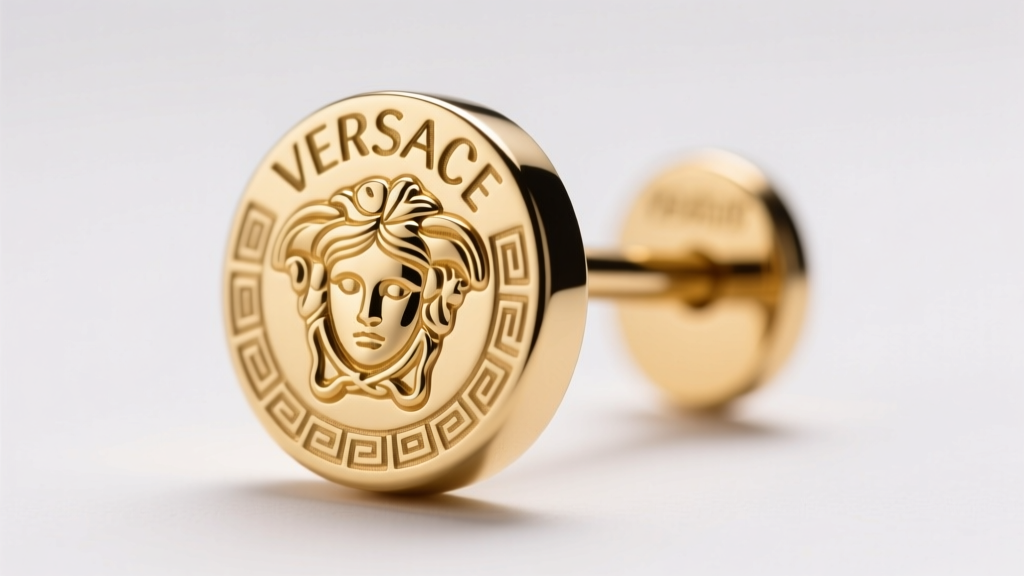 Close-up of a laser-engraved Versace hallmark on an 18k gold Medusa earring post, illuminated by bright, soft studio lighting.