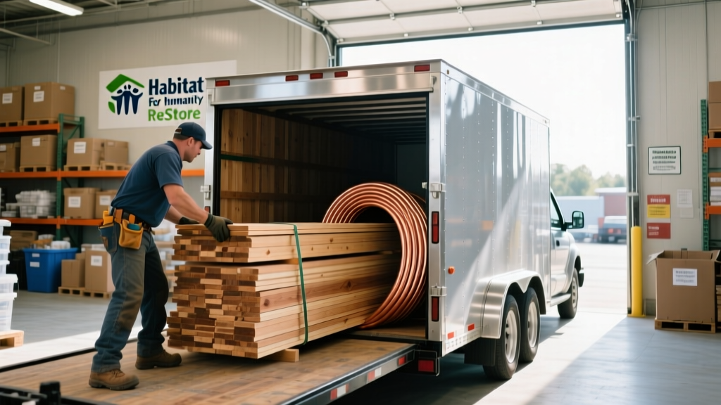 Contractor loading surplus cedar siding and copper piping into a trailer at a Habitat for Humanity ReStore donation drop-off center