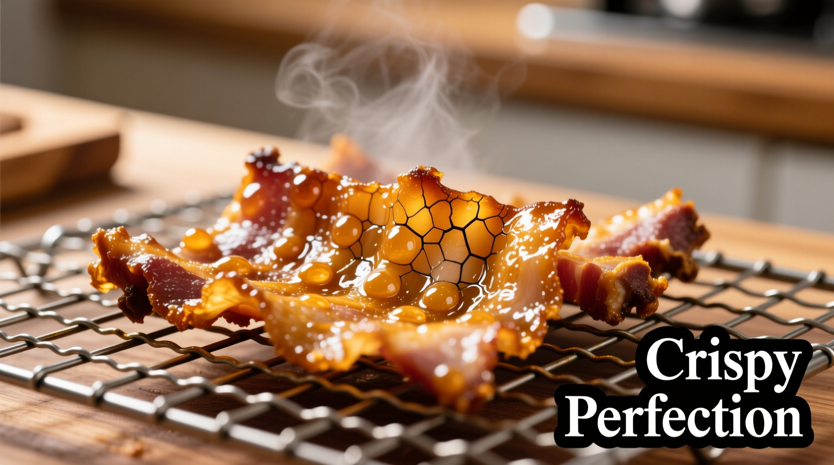 Crispy golden pork skin on wire rack