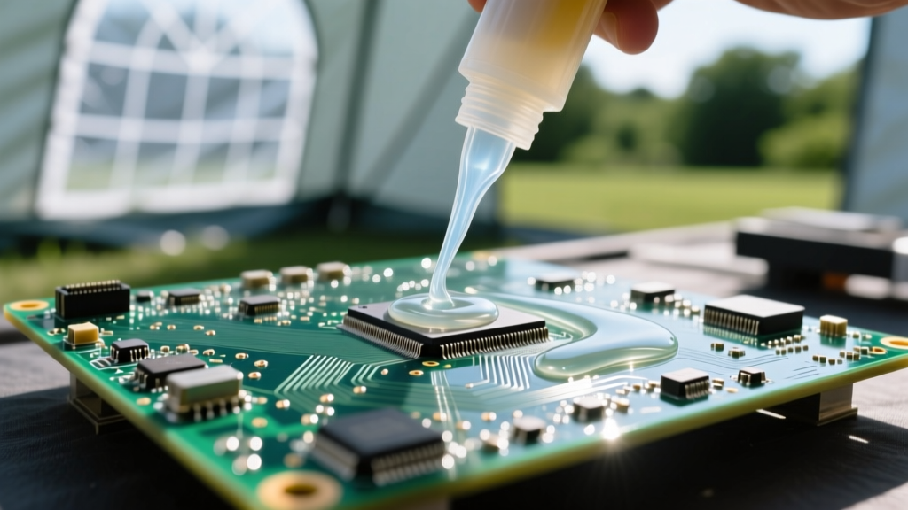 Close-up of a custom PCB being coated with clear silicone conformal sealant inside a well-ventilated outdoor maker tent.