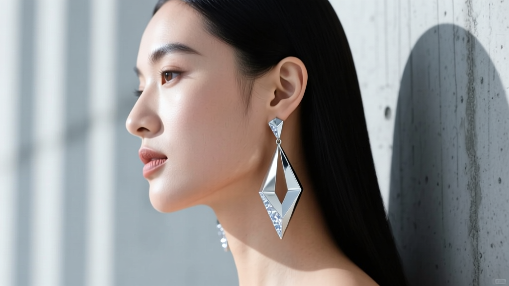 Editorial side profile of a model wearing long geometric dangle silver earrings against a blurred minimalist concrete background.