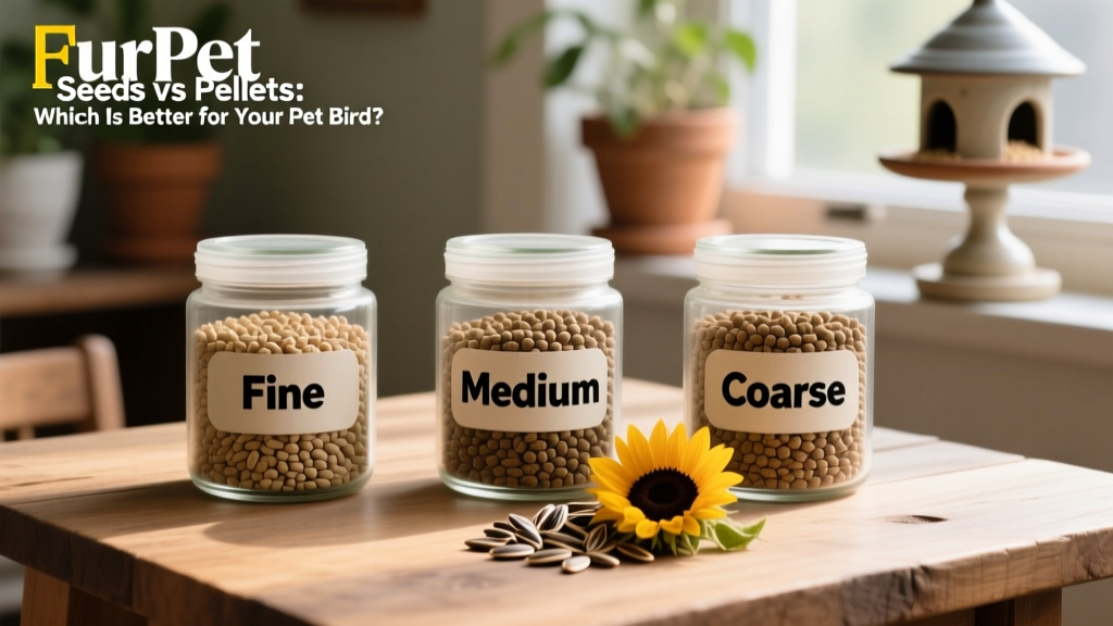 Side-by-side comparison of fine, medium, and coarse FurPetVo pellets in labeled jars