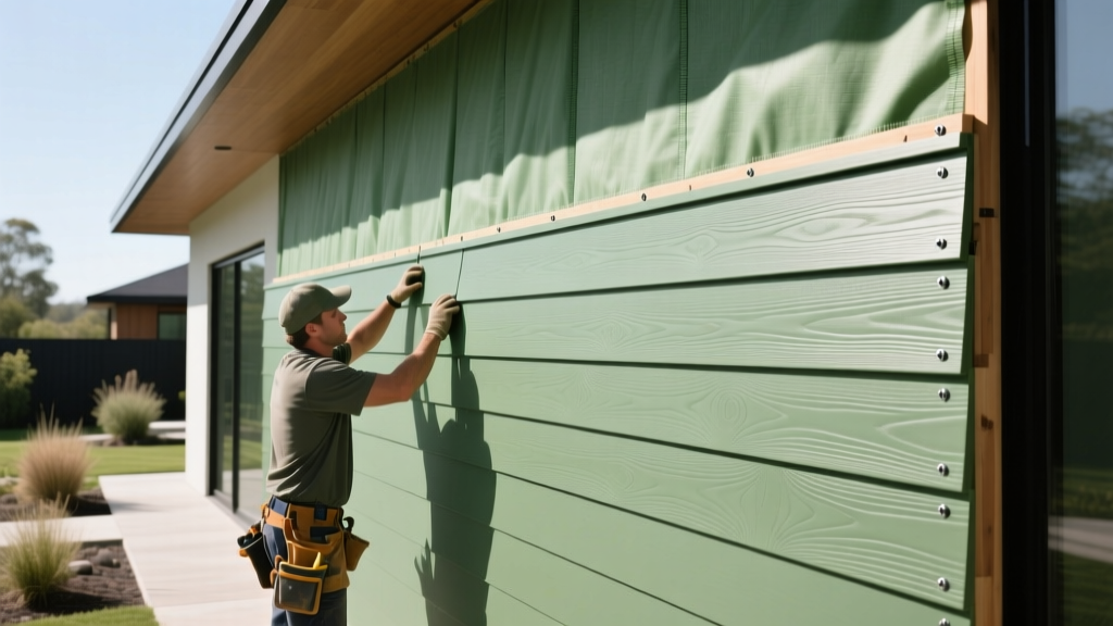 Contractor installing sage green engineered wood insulated siding over breathable weather barrier on modern home exterior