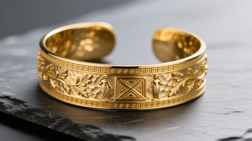 18k yellow gold Greek repoussé cuff bracelet on slate, showing hammered textures and classical motifs under soft studio lighting.