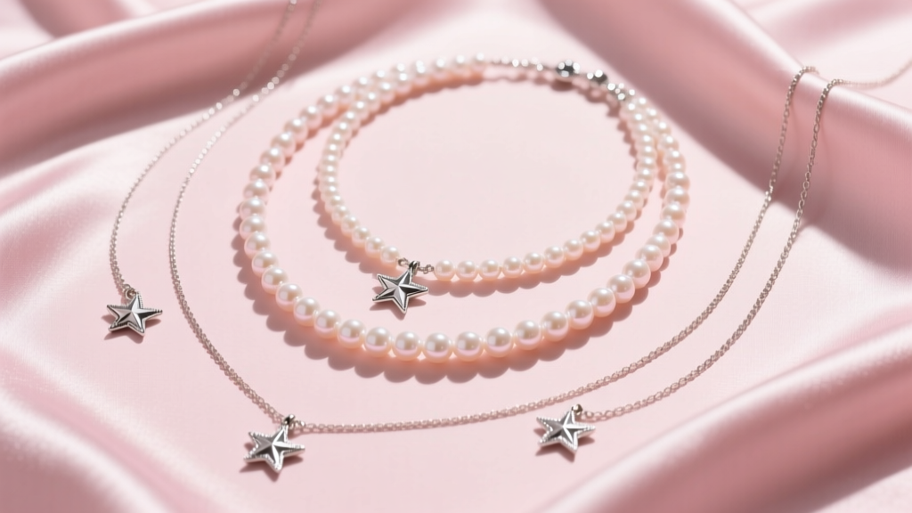 Flatlay of delicate Korean layered necklaces with freshwater pearls and tiny silver star pendants on soft pastel pink silk