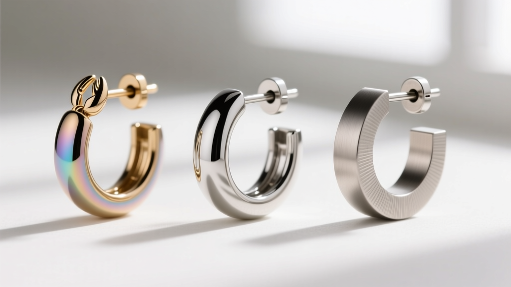 Macro view of 11mm hoops in niobium, surgical steel, and titanium, showing differences in color, polish, and clasp mechanisms.