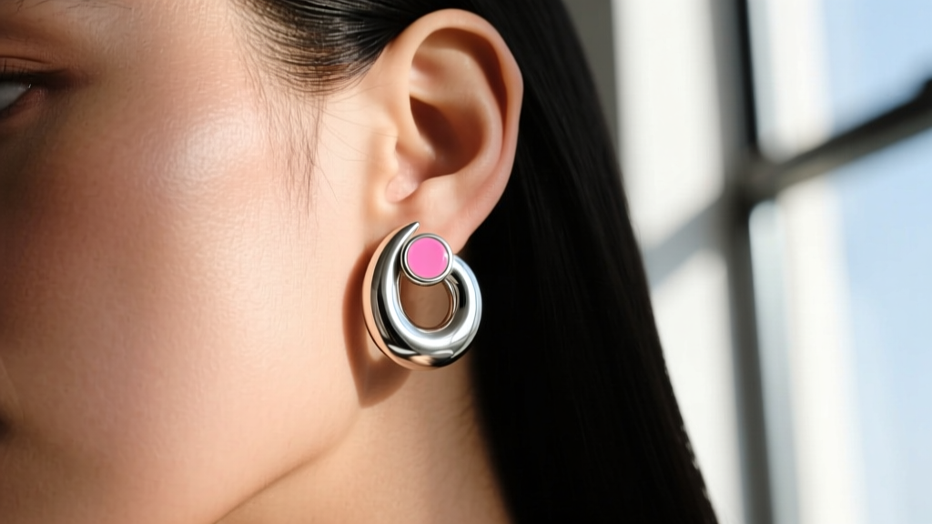 Close-up of 16-gauge argentium silver helix cuff with small pink enamel accent, worn on a model