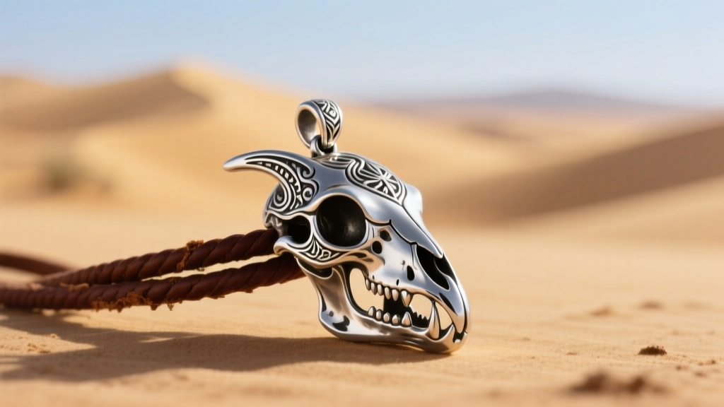 Solid sterling silver Mythosaur skull pendant resting on a weathered dark leather cord against a softly blurred desert backdrop