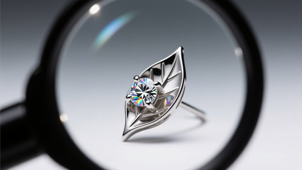 Jeweler's loupe examining the hallmark and prong durability on a platinum diamond leaf earring, illuminated by a bright LED lamp.