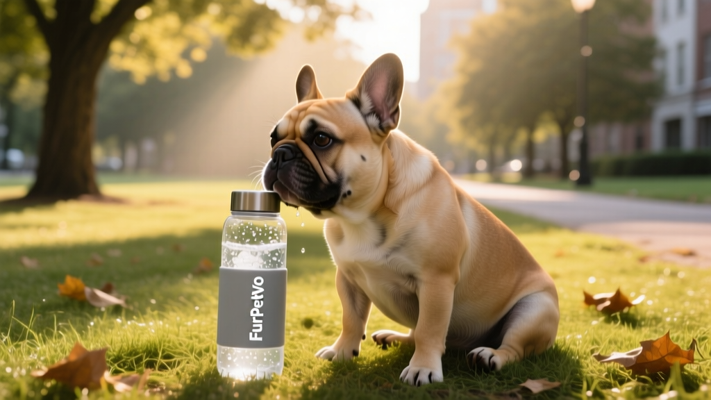 A French Bulldog drinking cool water from a portable FurPetVo bottle during an outdoor break