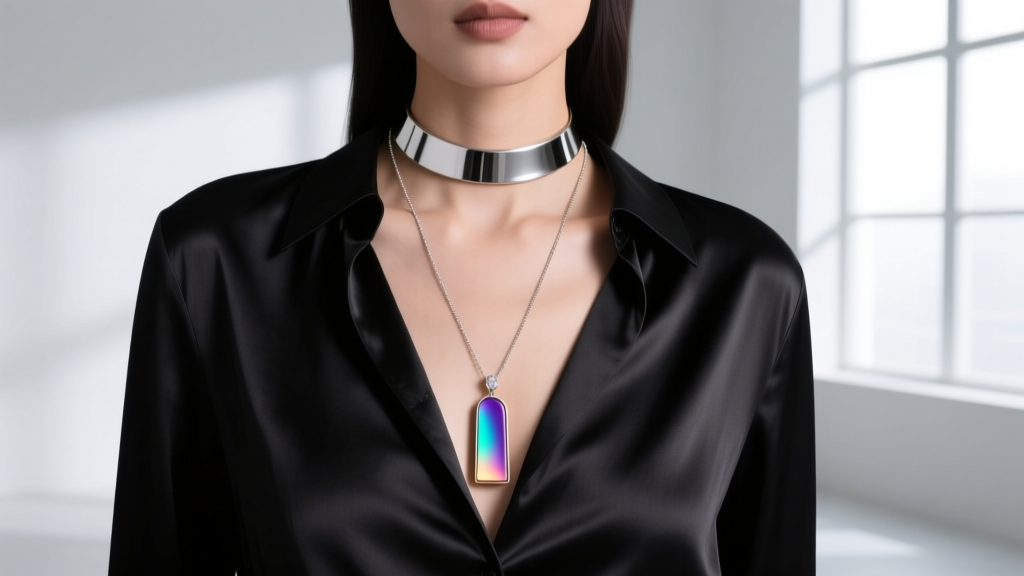 Layered necklace styling with a silver choker and a long mood changing pendant worn over a dark silk blouse for evening wear