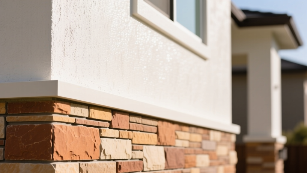 Close-up of a home exterior blending warm earth-toned manufactured stone veneer wainscoting with smooth white acrylic stucco upper walls