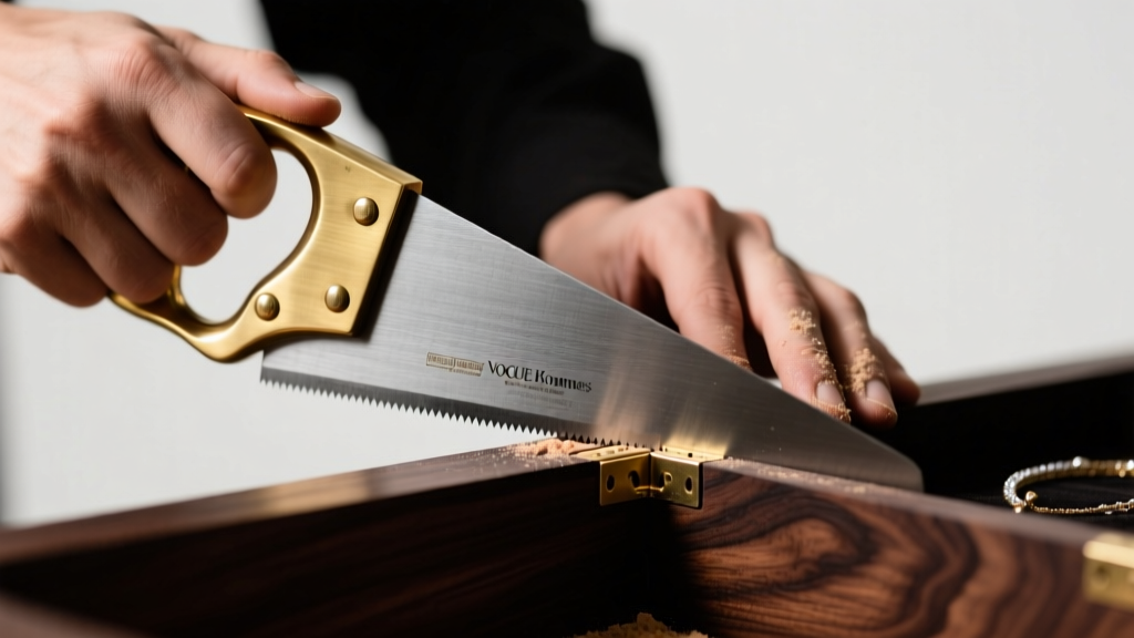 Close-up of hands using a brass-backed dovetail saw to cut precise joints in dark black walnut wood for a luxury jewelry box