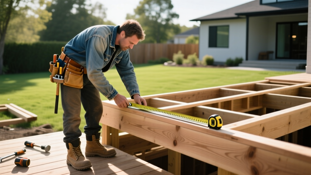 Carpenter measuring pressure-treated wooden deck joists with a tape measure on a sunny residential backyard construction site