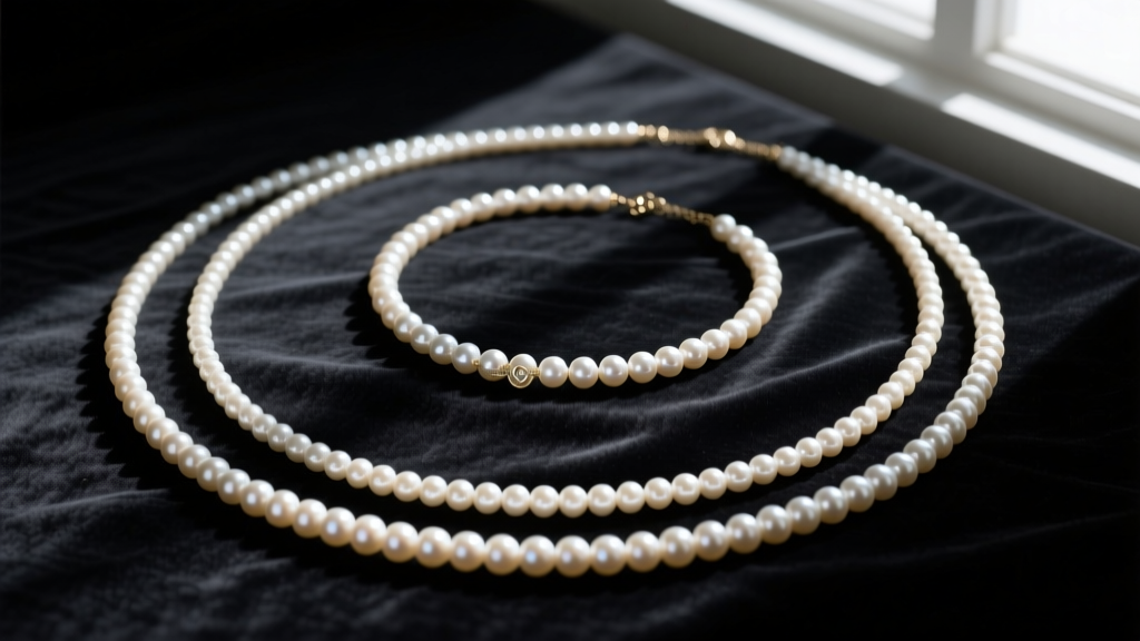 Overhead flat lay of layered pearl necklaces, a 16-inch choker and 24-inch opera length, on dark velvet with soft shadows