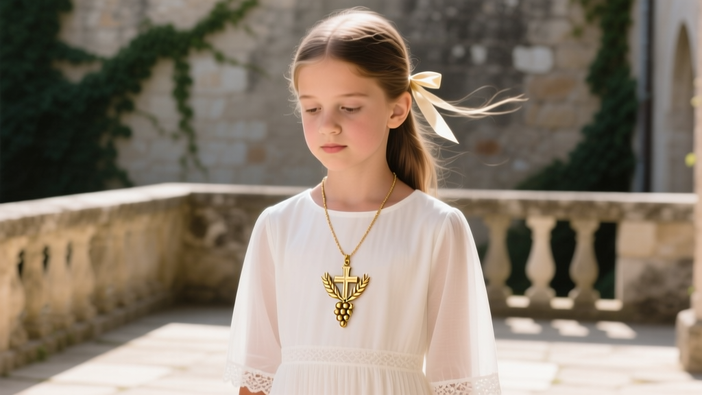 Young girl wearing a simple white communion dress with a petite gold eucharist necklace featuring a wheat and grape motif pendant