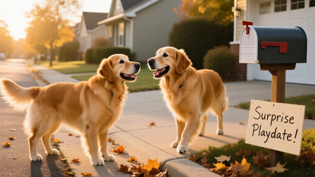 Two golden retrievers spotting each other across a quiet street, tails already wagging
