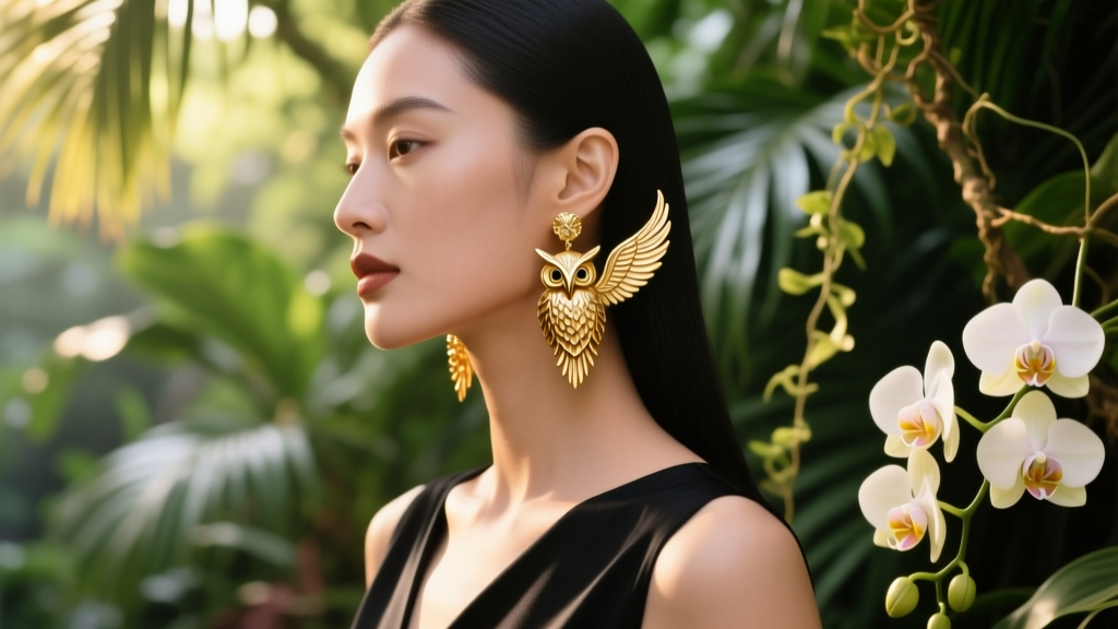 Woman in side profile wearing 18k gold owl dangle earrings that highlight her jawline against a softly blurred botanical backdrop.