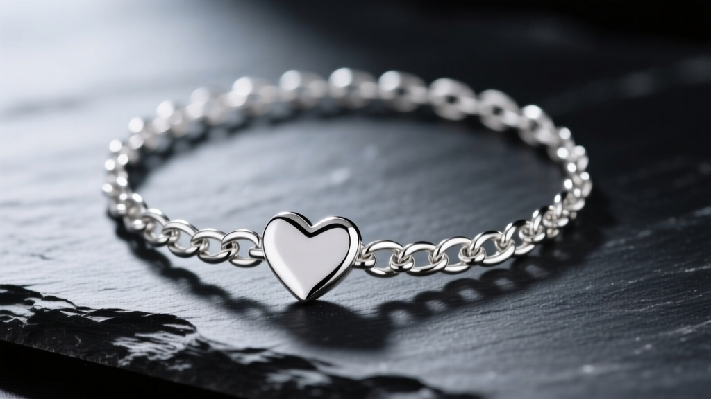 Macro photography of a polished 925 sterling silver heart choker necklace resting on dark slate, highlighting the box chain weave