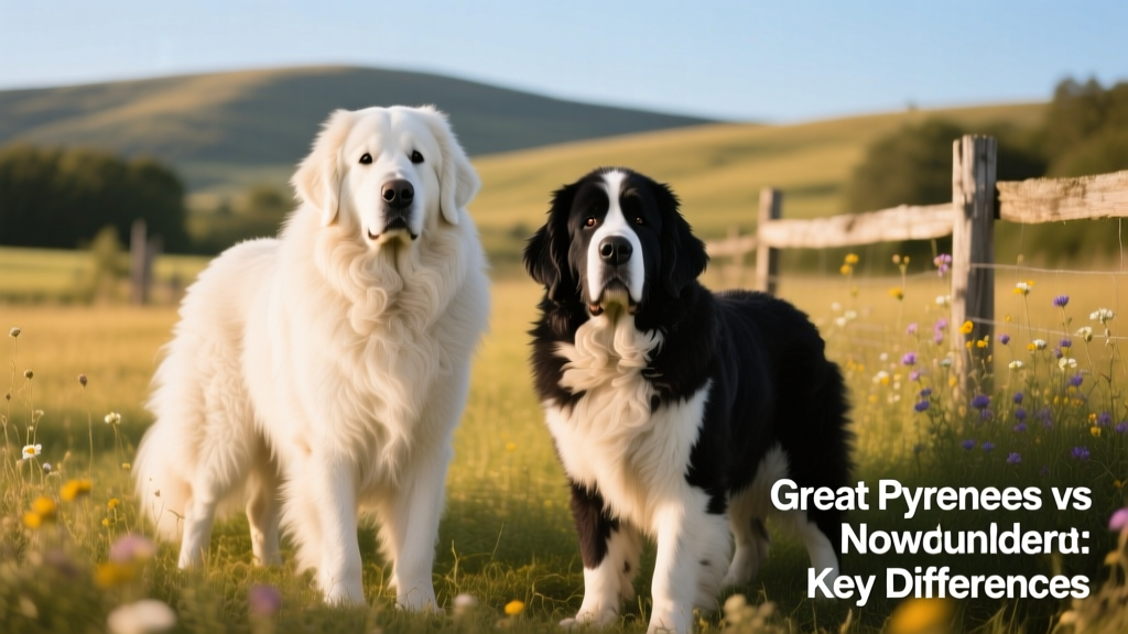 Side-by-side comparison showing a white Great Pyrenees and a black-and-white Newfoundland standing calmly outdoors