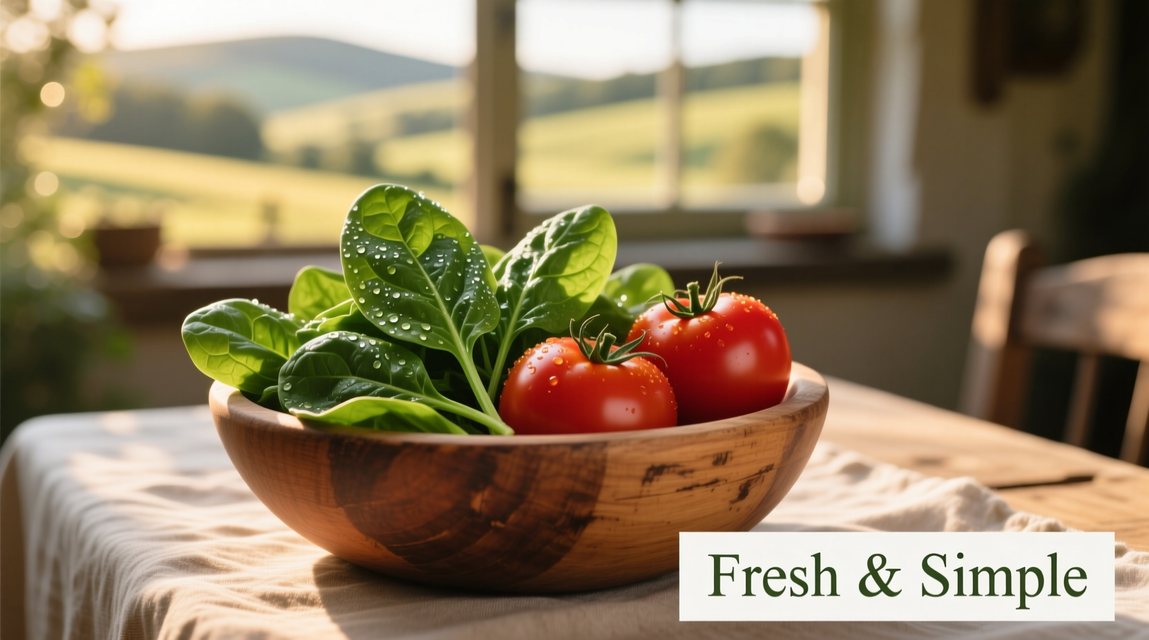 Fresh spinach and tomatoes in wooden bowl