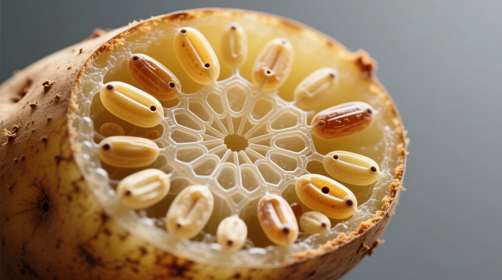 Cross-section of baked potato showing starch granules