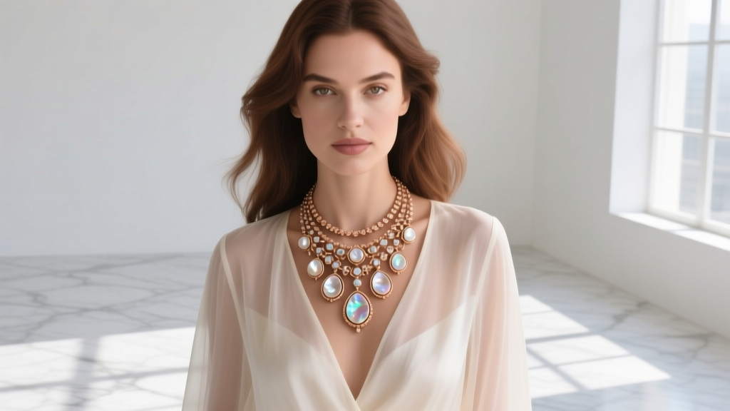 Elegant woman in a silk blouse wearing a layered Magic and Vintage Alhambra necklace set in rose gold with mother-of-pearl stones.