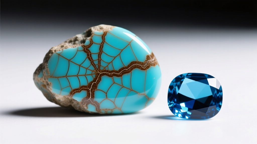 Macro photography of a raw Kingman turquoise cabochon showing intricate brown spiderweb matrix next to a polished, stabilized gem.