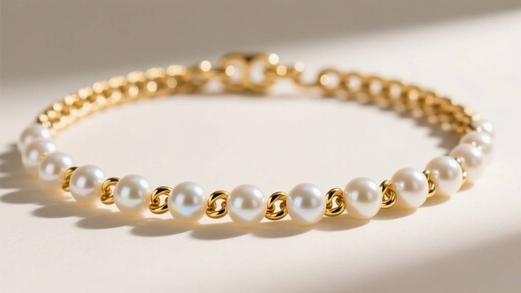 Macro shot of an 18k gold rope chain with perfectly round 6mm white freshwater pearl beads, highlighting the warm metallic luster.