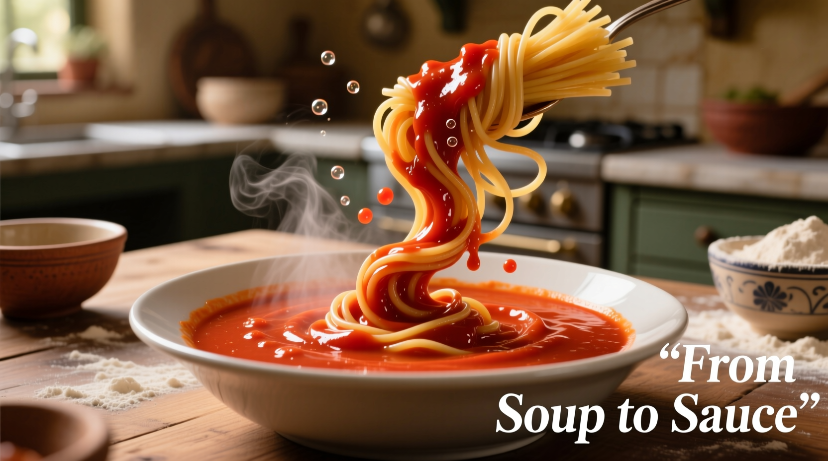 Tomato soup transforming into pasta sauce