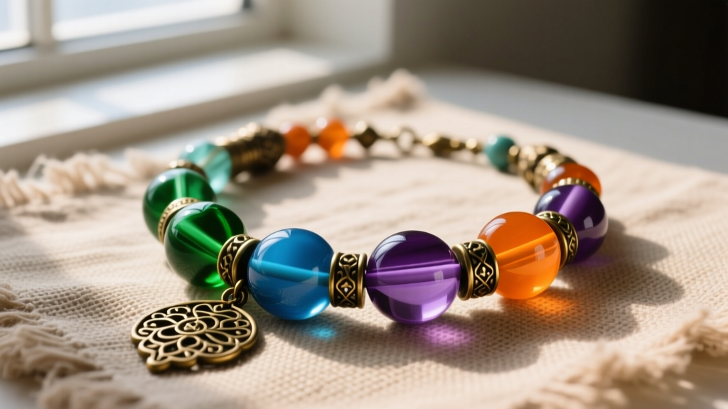 Flat lay of a chunky bohemian necklace with large colorful glass beads and antique cast brass hardware on textured linen