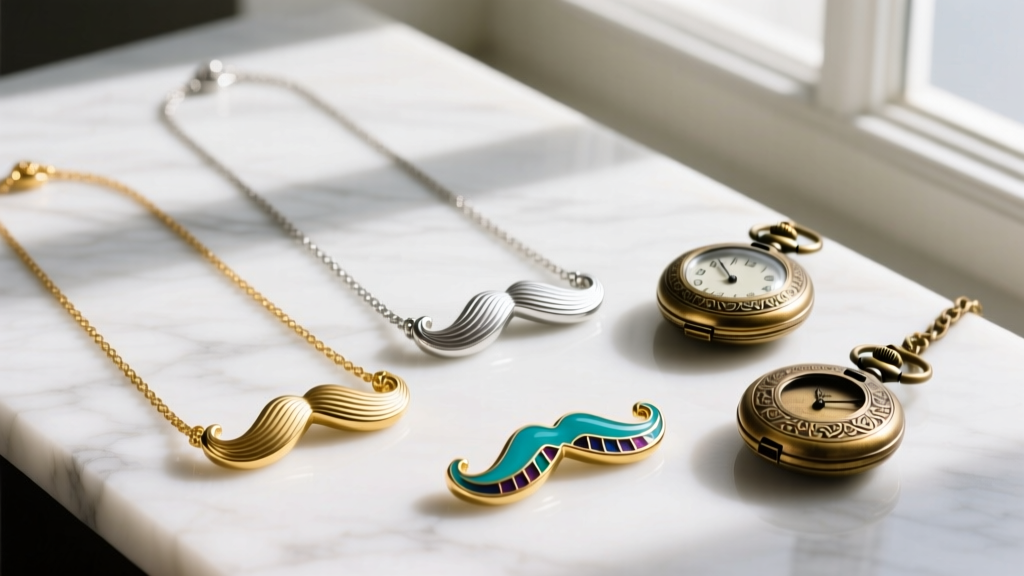 Flat lay of three mustache necklaces in gold, silver, and enamel, arranged on white marble alongside antique brass pocket watches