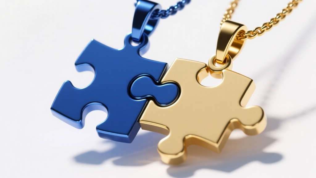 3D CAD wireframe rendering of two interlocking puzzle-piece pendants, highlighting the 0.15mm clearance gap required for casting.