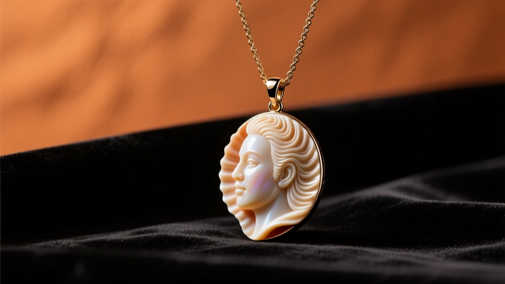Carved shell cameo pendant necklace on dark velvet, highlighting the 3D profile and contrasting orange-brown background lighting.