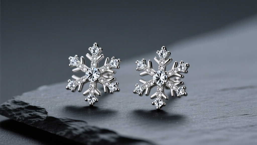 Sterling silver snow flake earrings on dark slate, showing rhodium plating and cubic zirconia pavé under soft studio lighting.