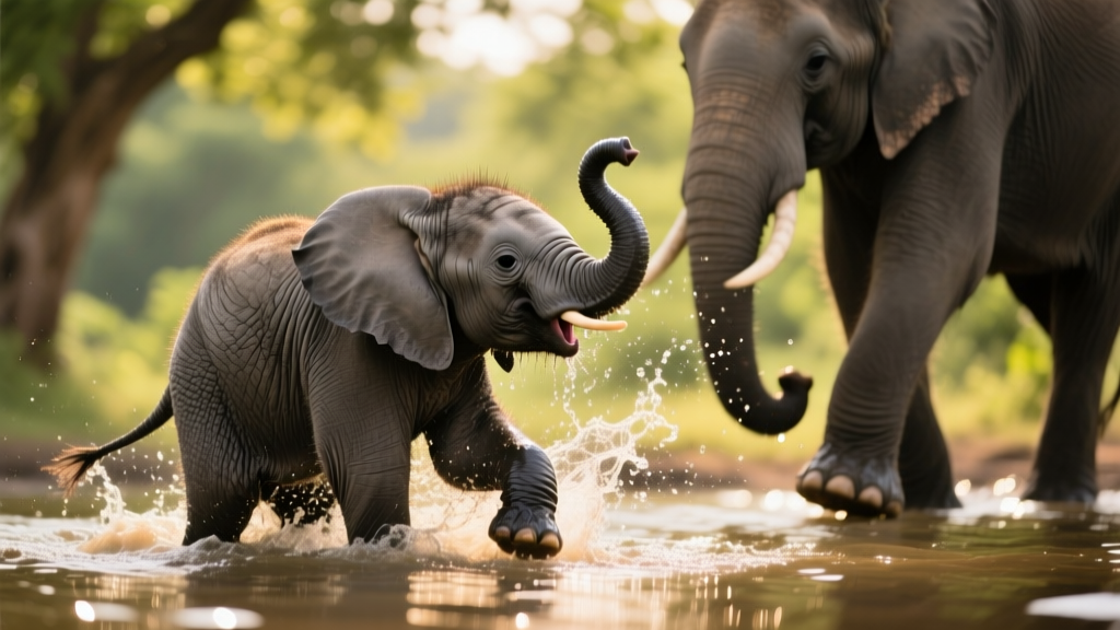 Close-up of a playful baby elephant splashing in shallow water