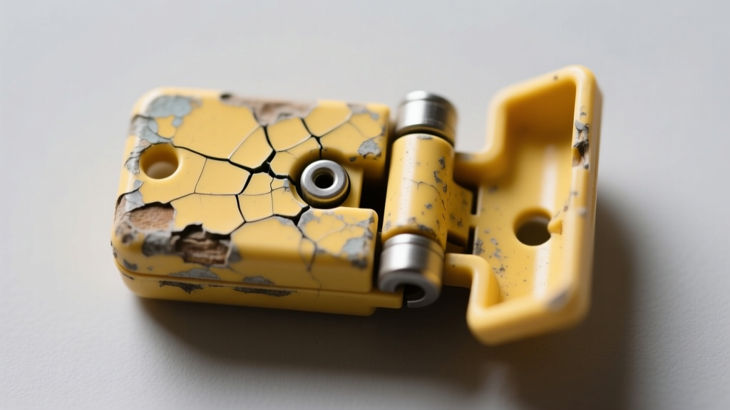 Macro shot of a cracked ABS plastic hinge on a retro compact toy case, highlighting stress fractures and yellowing polymer edges.