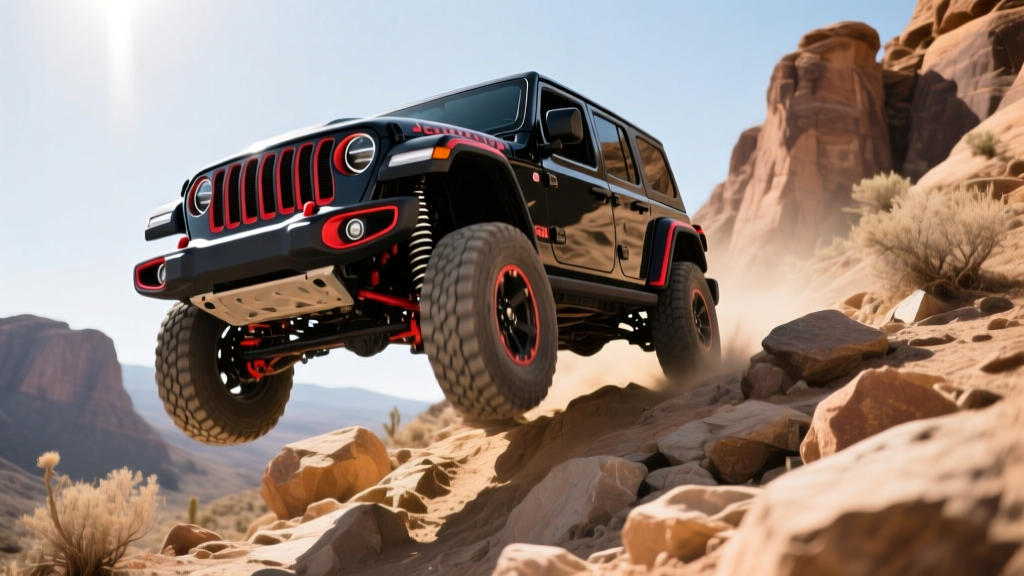 Jeep Wrangler 4xe Rubicon navigating a steep, rocky incline with suspension fully articulated