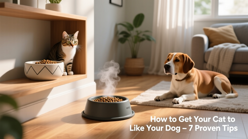 Side-by-side feeding stations: one elevated cat bowl on a shelf, one dog bowl on the floor in a different corner of the room