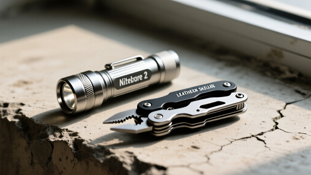 Close-up macro shot of a titanium Nitecore TINI 2 keychain flashlight and Leatherman Skeletool CX multi-tool resting on a textured concrete surface