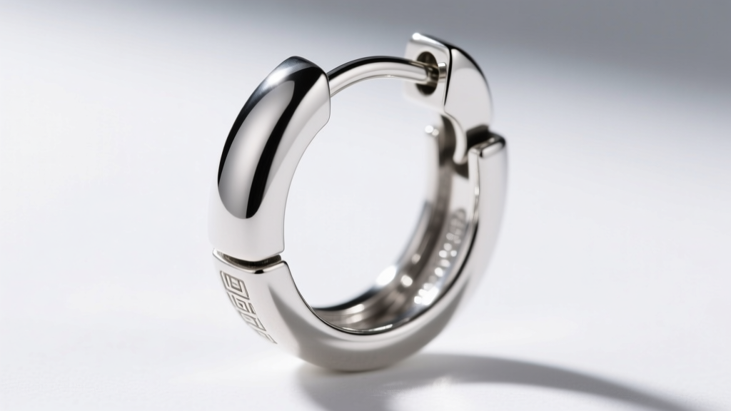 Macro shot of a sterling silver latchback hoop earring hinge, highlighting the clasp mechanism under bright focused lighting