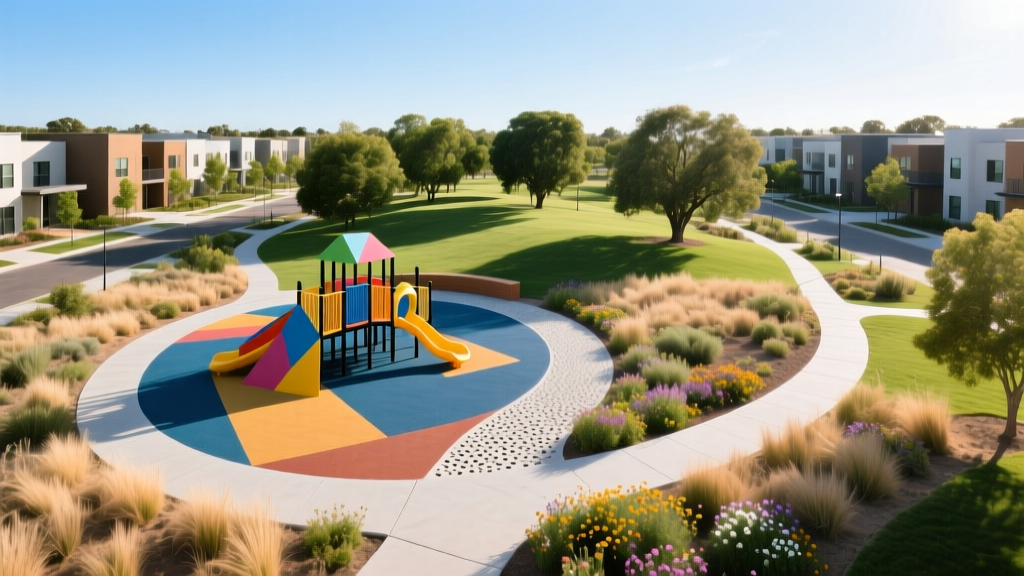 Aerial view of a new 10-acre community park with a modern rubber playground, pervious concrete paths, and native landscaping