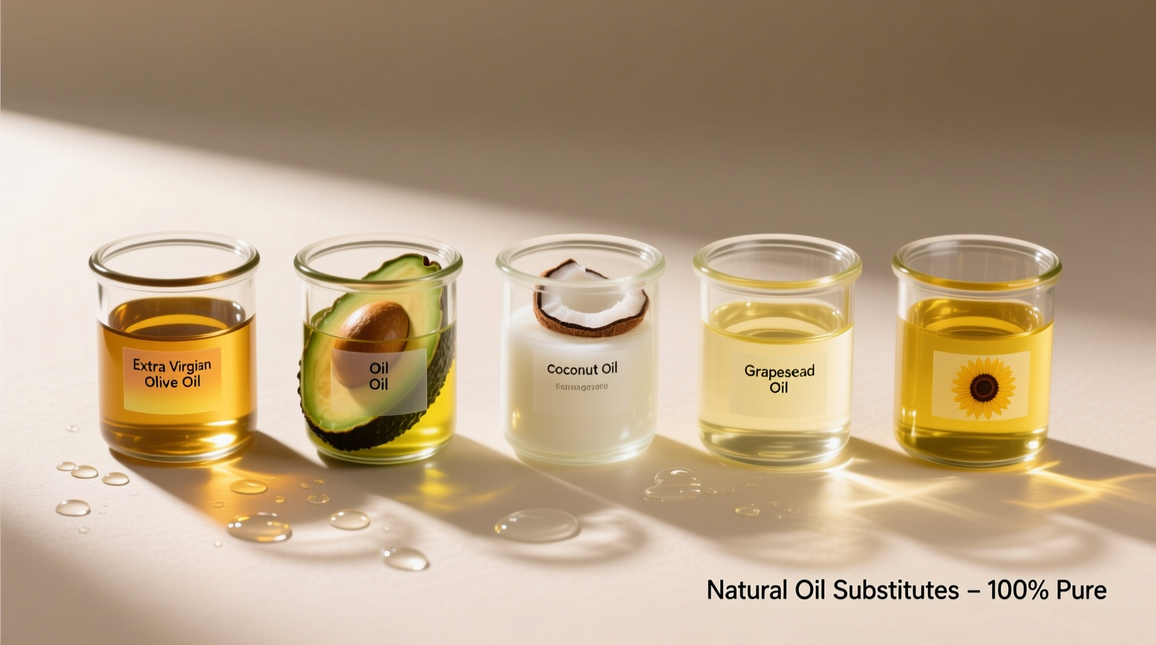 Various cooking oil substitutes in glass containers