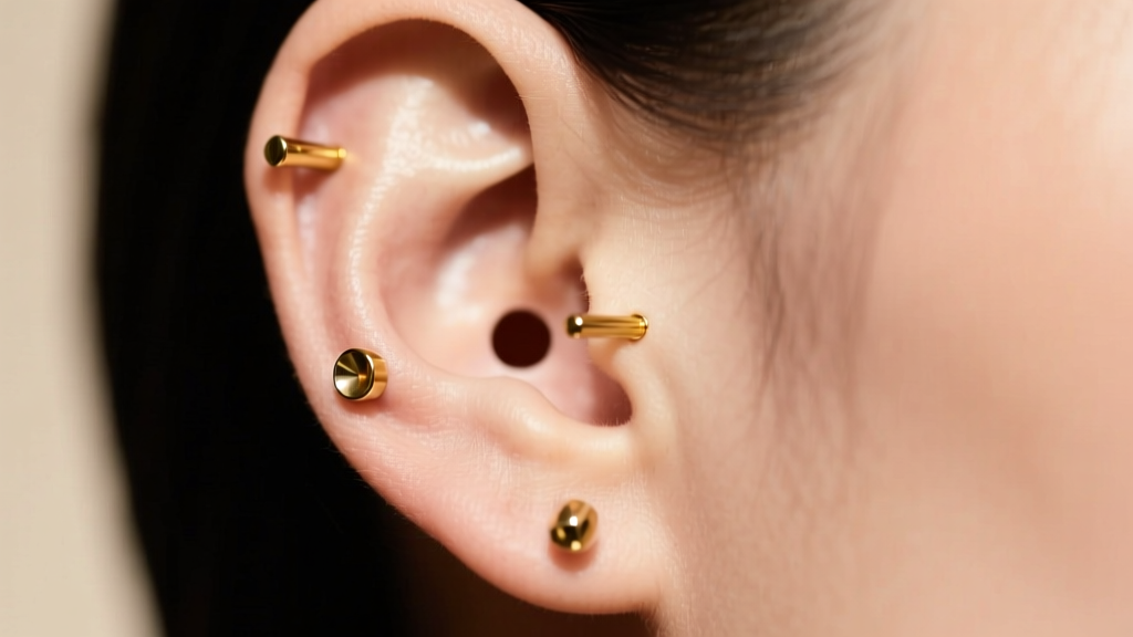 Close-up of a curated ear with three lobe piercings, featuring an intentional empty earring hole gap framed by gold titanium studs