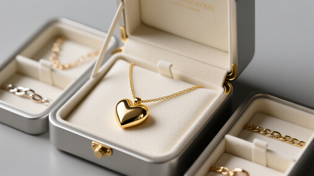 Open anti-tarnish jewelry box with padded compartments, safely storing a gold puffed heart necklace away from other metal chains