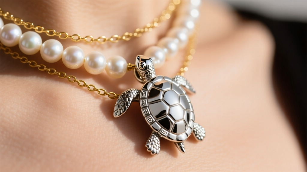 Close-up of a silver turtle pendant layered with a freshwater pearl strand and a delicate gold satellite chain on sun-kissed skin.