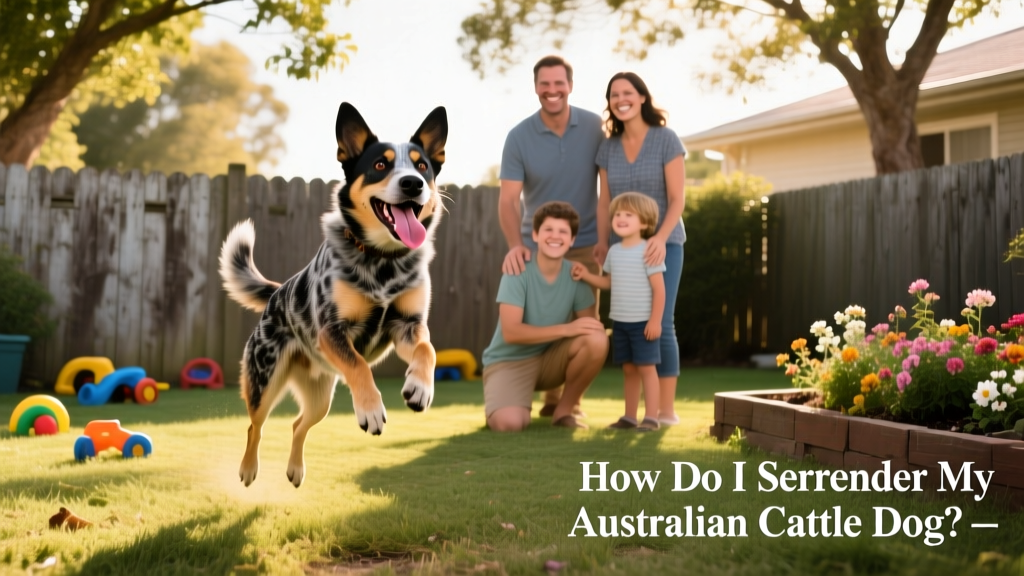 Australian Cattle Dog playing happily in a fenced backyard with a smiling family
