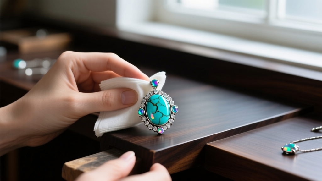 Hands gently wiping a silver-set turquoise and opal pendant with a dry microfiber cloth on a dark wooden jewelry workbench top.