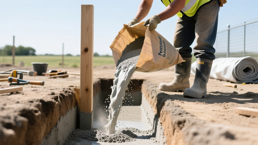 Worker pouring dry fast-setting concrete mix from a paper bag into a narrow excavated hole around a pressure-treated wooden 4x4 fence post