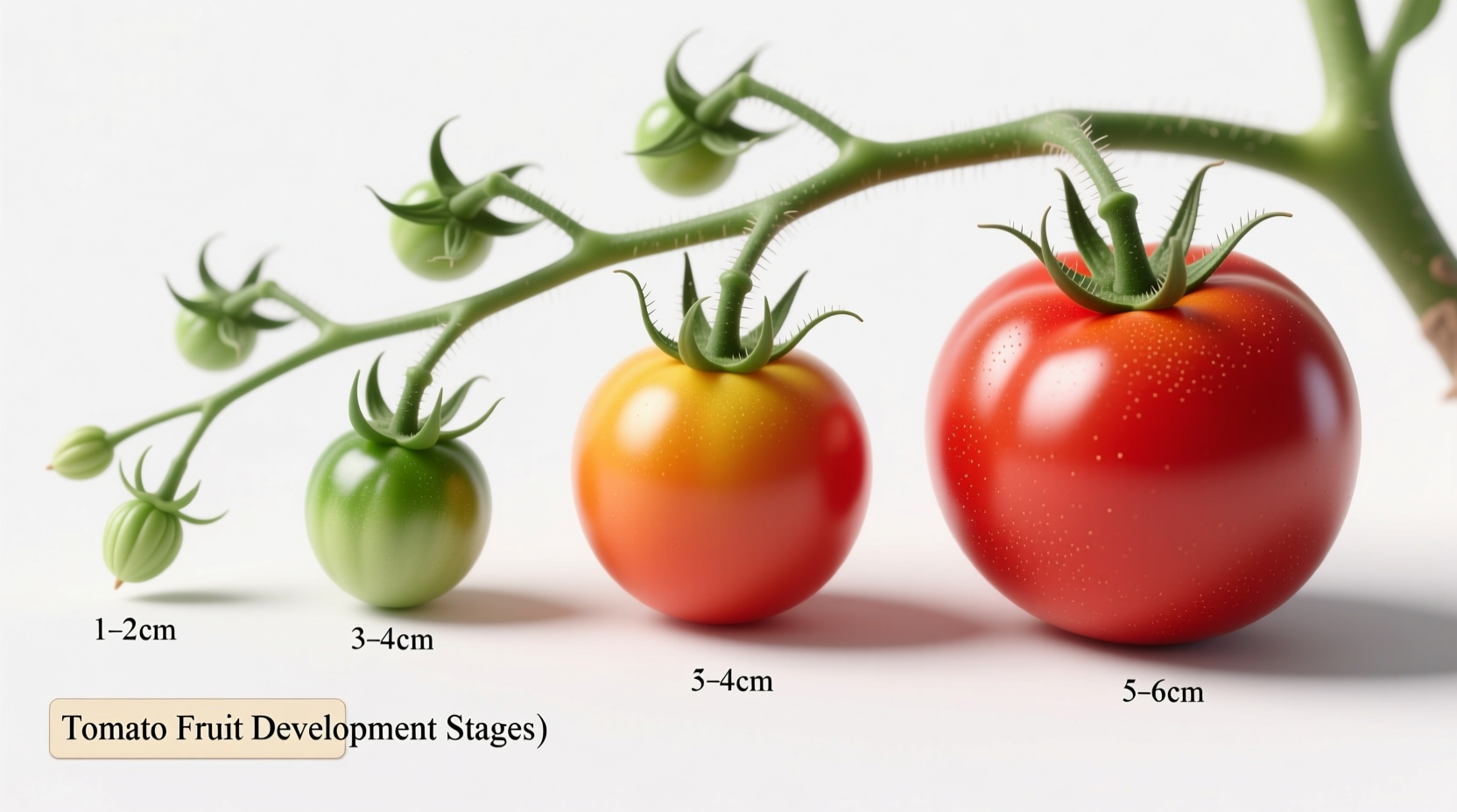 Tomato plant showing fruit development stages